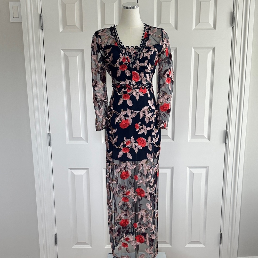 Finders Navy Red Floral Embroidered Mesh Overlay Wedding Guest Dress Size S